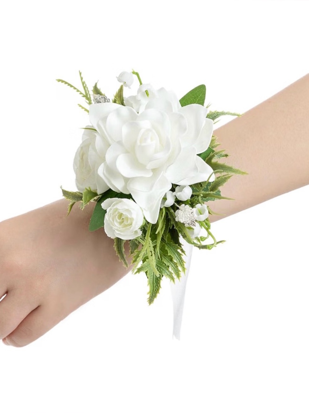 White Floral Wrist Corsage with Greenery